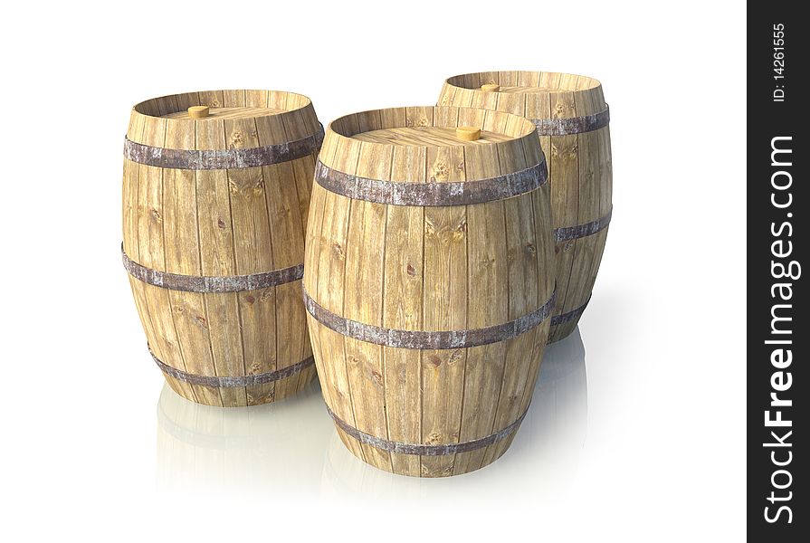 Three wooden barrels