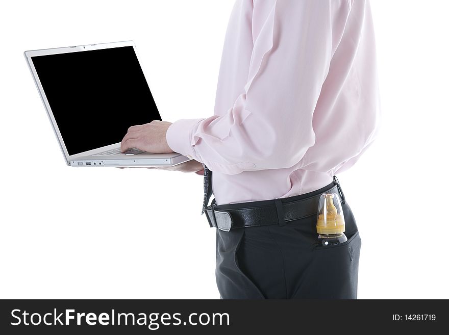Businessman with laptop and milk bottle in the pocket. Concept: multi-tasking, modern man