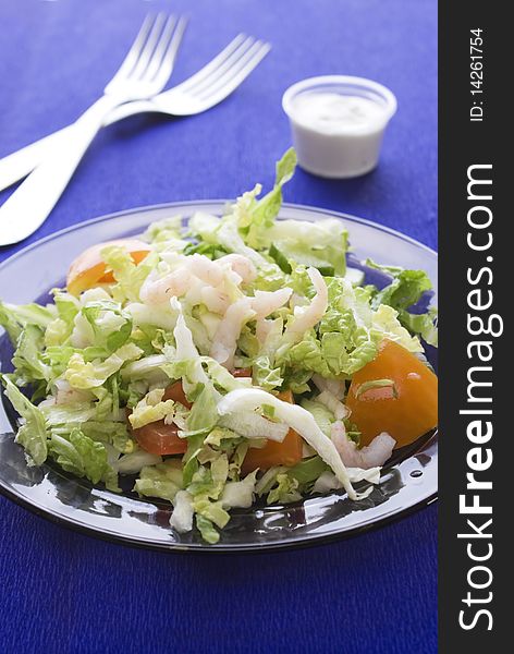 Fresh salad with shrimp and tomato on plate