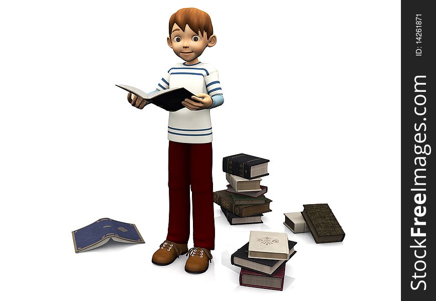 A cute cartoon boy holding a book. Several books are scattered on the floor around him. White background. A cute cartoon boy holding a book. Several books are scattered on the floor around him. White background.