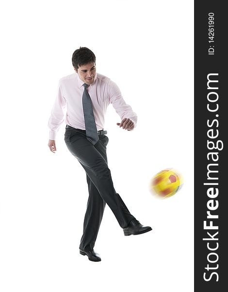 Businessman palying soccer/football, isolated on white. Businessman palying soccer/football, isolated on white