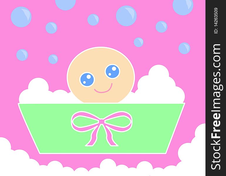 A cute baby girl having a bath in a little green tank with a pink ribbon. Foam and bubbles all around. Digital drawing. Coloured picture. A cute baby girl having a bath in a little green tank with a pink ribbon. Foam and bubbles all around. Digital drawing. Coloured picture.