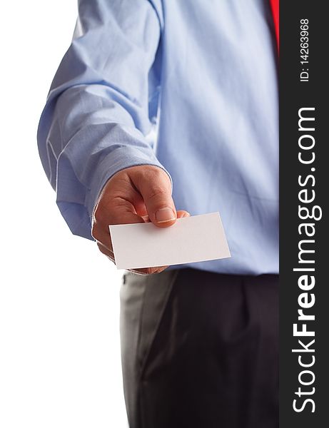 A business man offering a blank business card. A business man offering a blank business card