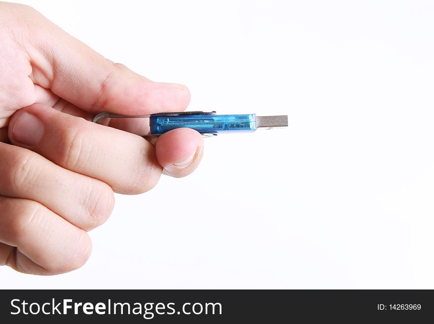 Usb on hand over white background. Isolated image. Usb on hand over white background. Isolated image