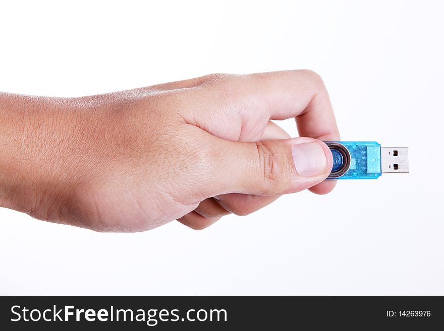 Usb on hand over white background. Isolated image. Usb on hand over white background. Isolated image