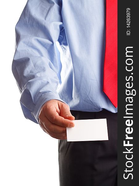 A business man offering a blank business card. A business man offering a blank business card