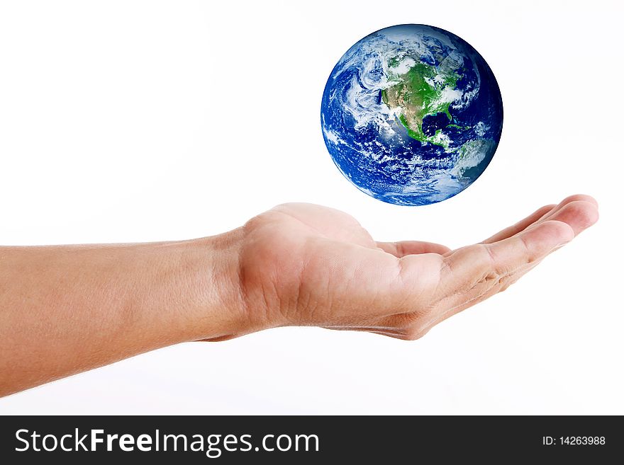 Hand with planet over white background. Power. Hand with planet over white background. Power