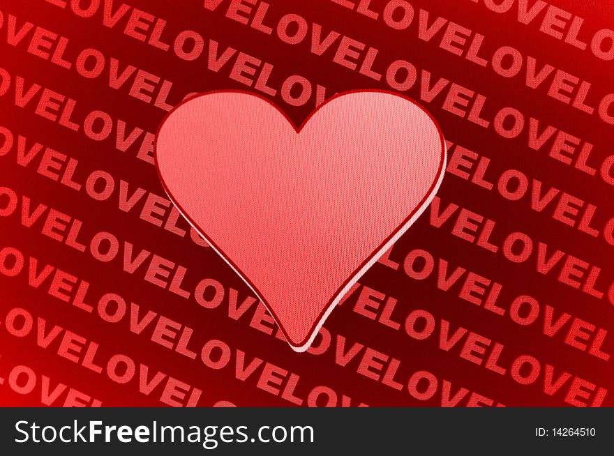 Abstract red love illustration with a big heart symbol in the center with as background small love text