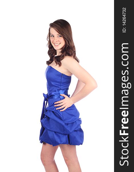 Teen in a blue dress, great smile. Teen in a blue dress, great smile