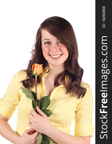 Pretty teen with flowers on a white background