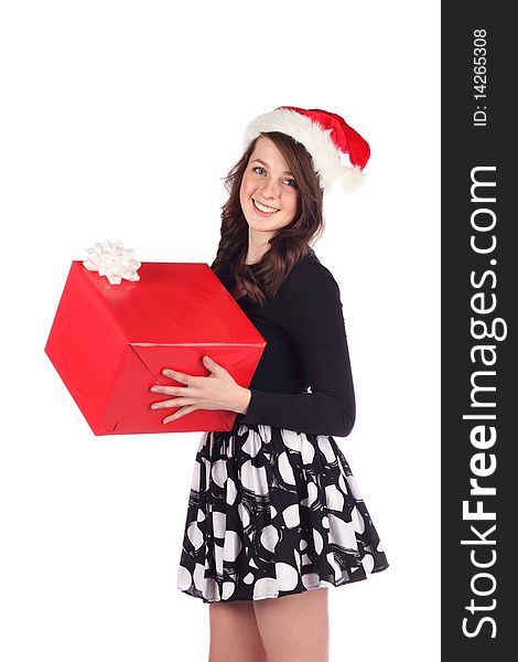 Attractive teen with present on a white background