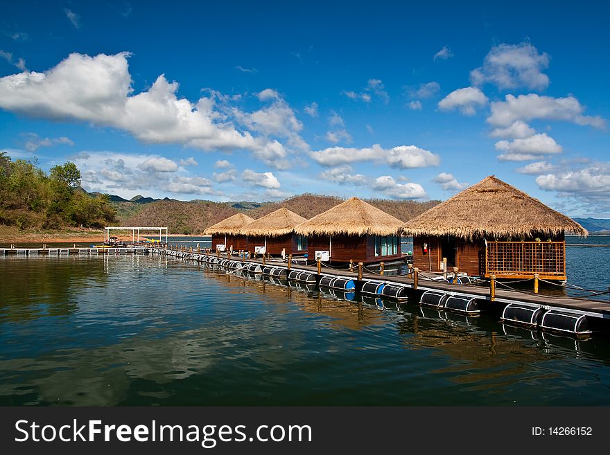 A resort in the lake with beautiful blue sky.