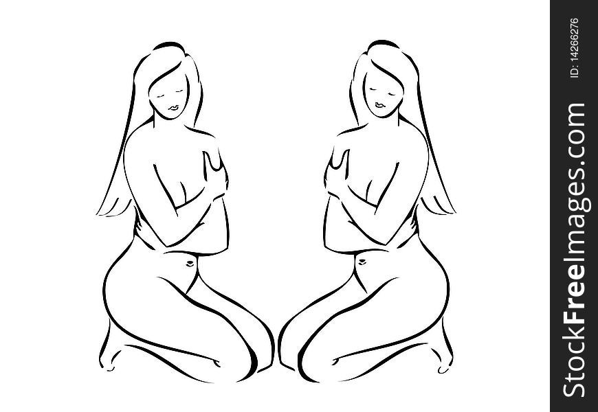 Twin girls in line drawing style vector