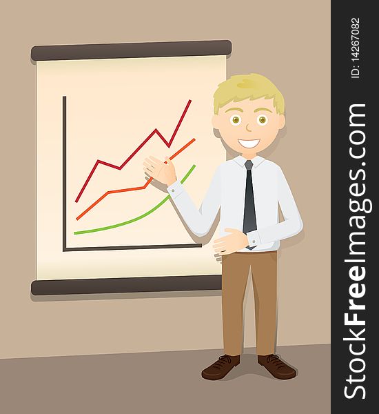 Businessman character doing presentation with chart displayed. Businessman character doing presentation with chart displayed