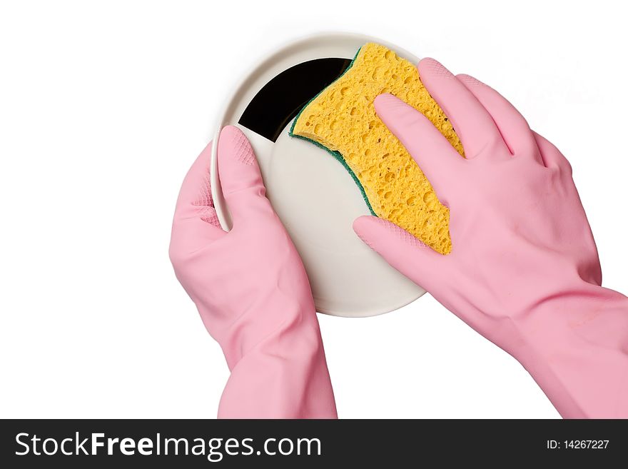 Gloves washing the plate on a white background