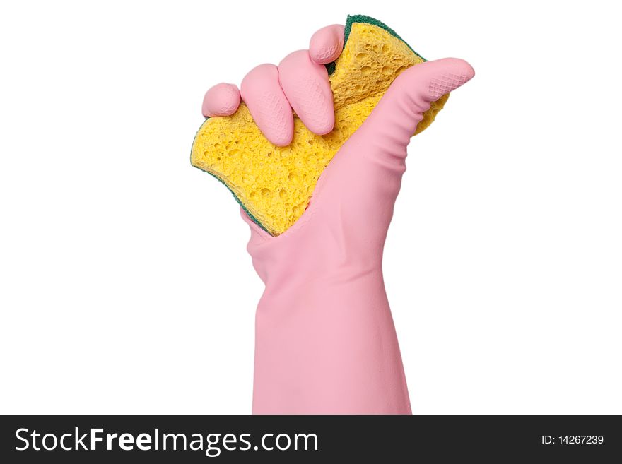 Glove holding sponge on a white background