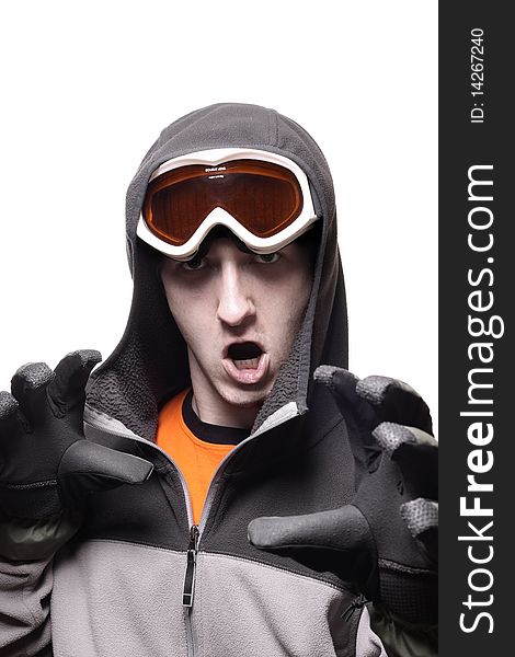 Portrait of funny snowboarder with orange glasses isolated on white background