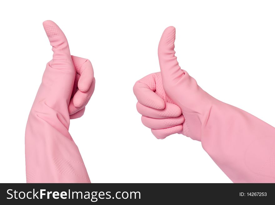 Glove with a raised thumb on a white background