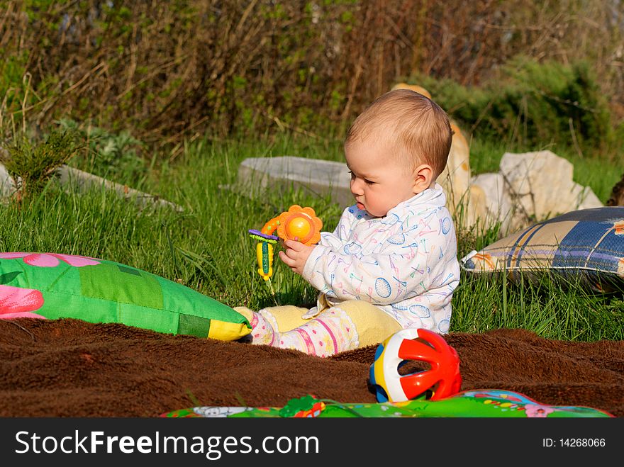 The little girl playing with rattles on a lawn. The little girl playing with rattles on a lawn