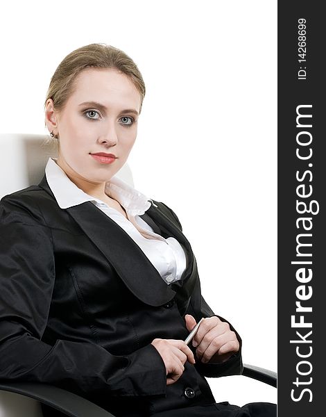 Portrait of smiling business woman on office chair