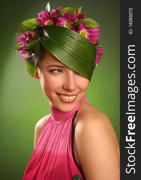 Beautiful spring-woman on green background. Beautiful spring-woman on green background