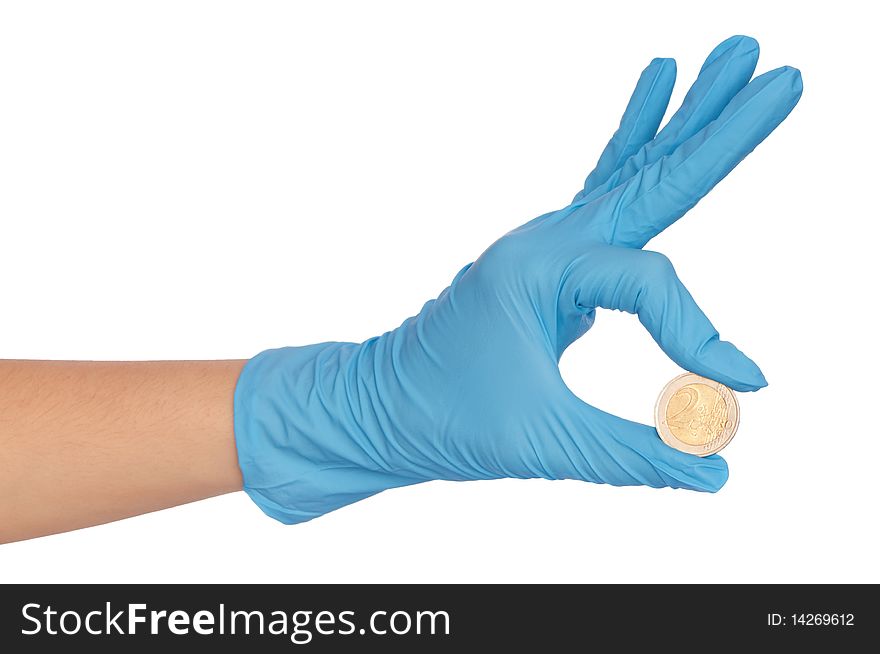Doctor holding fake of two euro coin in the hand