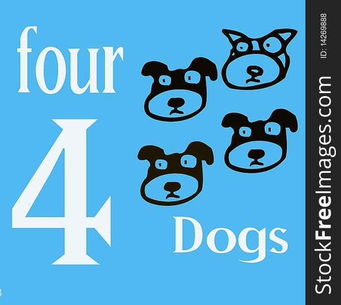 The numeral 4 illustrated using icon of Dogs,and representing the letter D.Part of the series of 1-10. The numeral 4 illustrated using icon of Dogs,and representing the letter D.Part of the series of 1-10