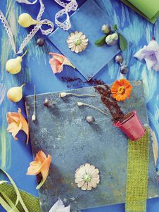 Seasonal Summer Composition Of Fruits, Flowers And Decor On A Blue Background Royalty Free Stock Photography Seasonal Summer Composition Of Fruits, Flowers And Decor On A Blue Background Royalty Free Stock Photography