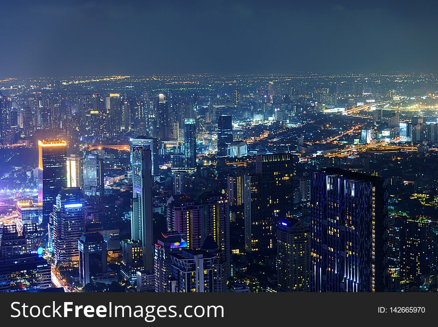 High view of river in the city in night