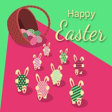 Happy Easter. Rabbits Carry Eggs From The Basket. Royalty Free Stock Photography