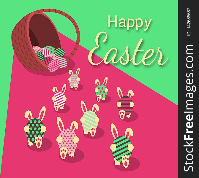 Happy Easter. Rabbits carry eggs from the basket.