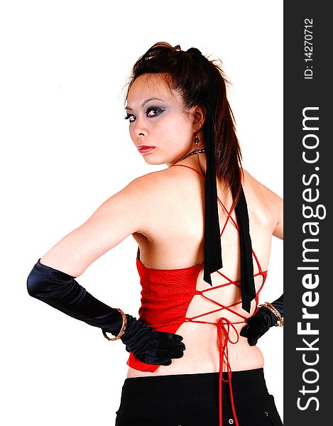 Pretty Asian pirate girl in black cloves and short skirt with a red top from the back, looking over her shoulder, for white background. Pretty Asian pirate girl in black cloves and short skirt with a red top from the back, looking over her shoulder, for white background.