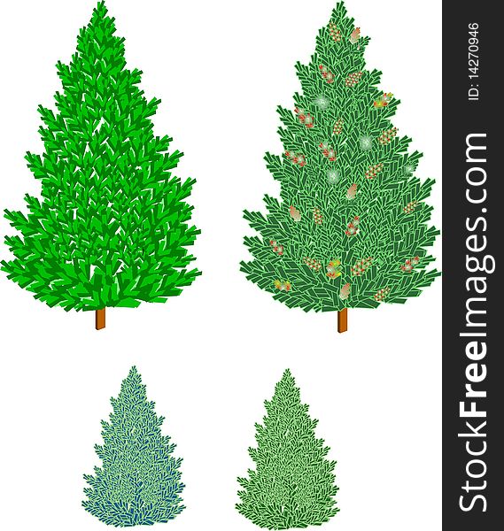 Various types of Christmas trees in 3d with cones on white. Various types of Christmas trees in 3d with cones on white