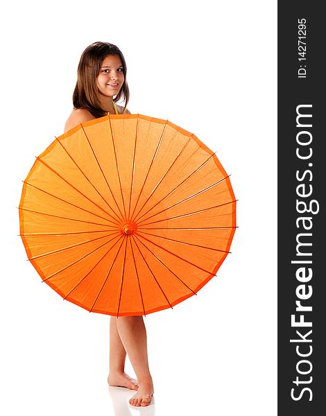 A lovely teen girl standing behind a bright orange parasol.  Isolated on white. A lovely teen girl standing behind a bright orange parasol.  Isolated on white.
