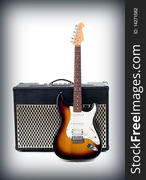 Series. guitar amplifier and electricguitar on gradient background