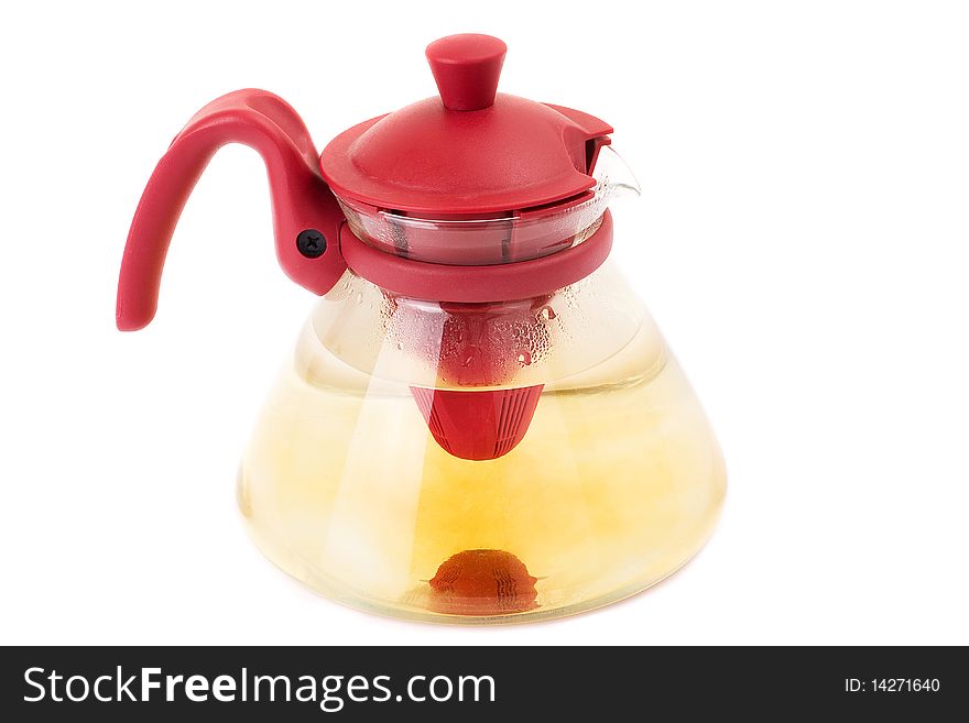 Series. A glass teapot isolated on a white background. Green tea