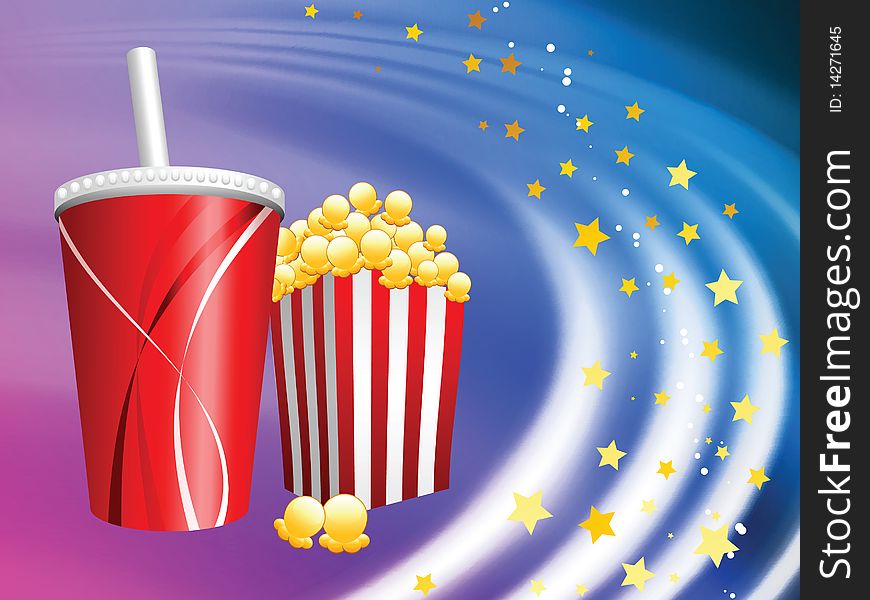 Popcorn and Soda on Abstract Liquid Wave Background Original Illustration. Popcorn and Soda on Abstract Liquid Wave Background Original Illustration