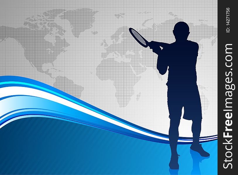 Tennis Player on Abstract Blue Background with World Map Original Illustration