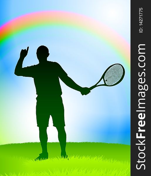 Tennis Player on Rainbow Background Original Illustration