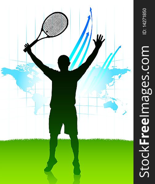 Tennis Player on World Map Background