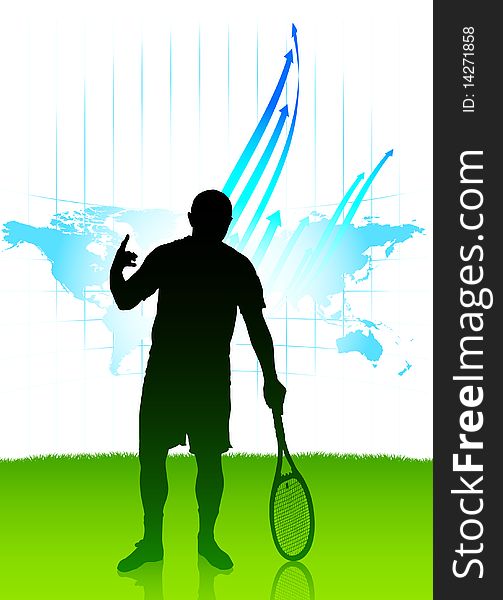 Tennis Player on World Map Background Original Illustration