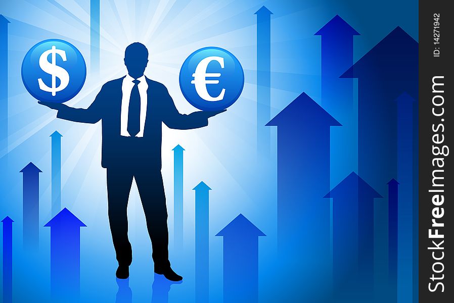 Businessman Holding Currenct On Blue Background