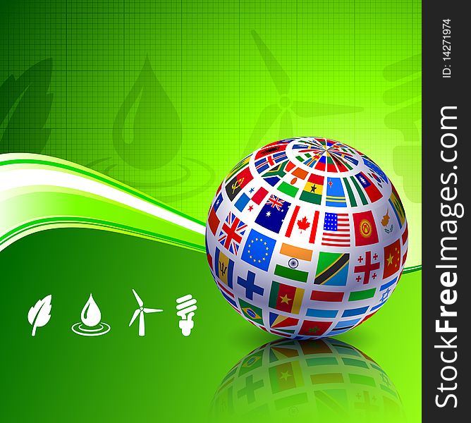 Flags Globe on Green Nature Background