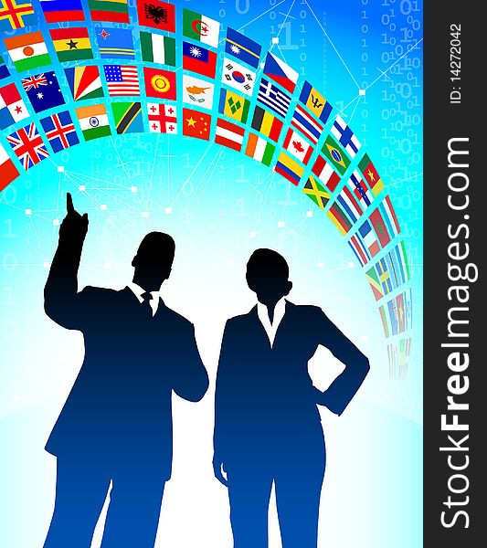 Business Team with Flags Banner Original Illustration