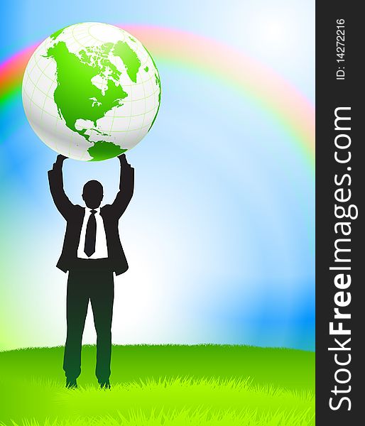 Businessman Holding Globe on Nature Background Original Illustration