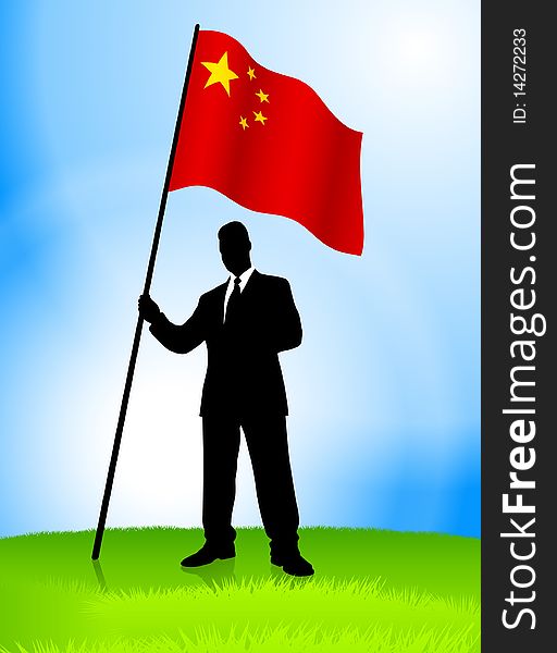 Businessman Leader Holding China Flag Original Illustration