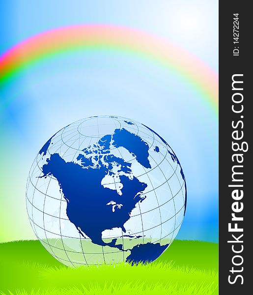 Globe on Nature Background with Rainbow Original Illustration
