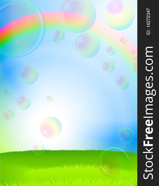 Green Grass, Blue Sky And Soap Bubbles