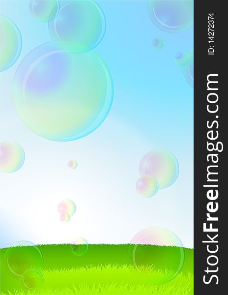 Green Grass, Blue Sky And Soap Bubbles