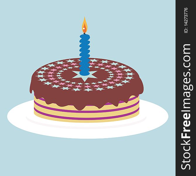 Cake with candle on cyan background